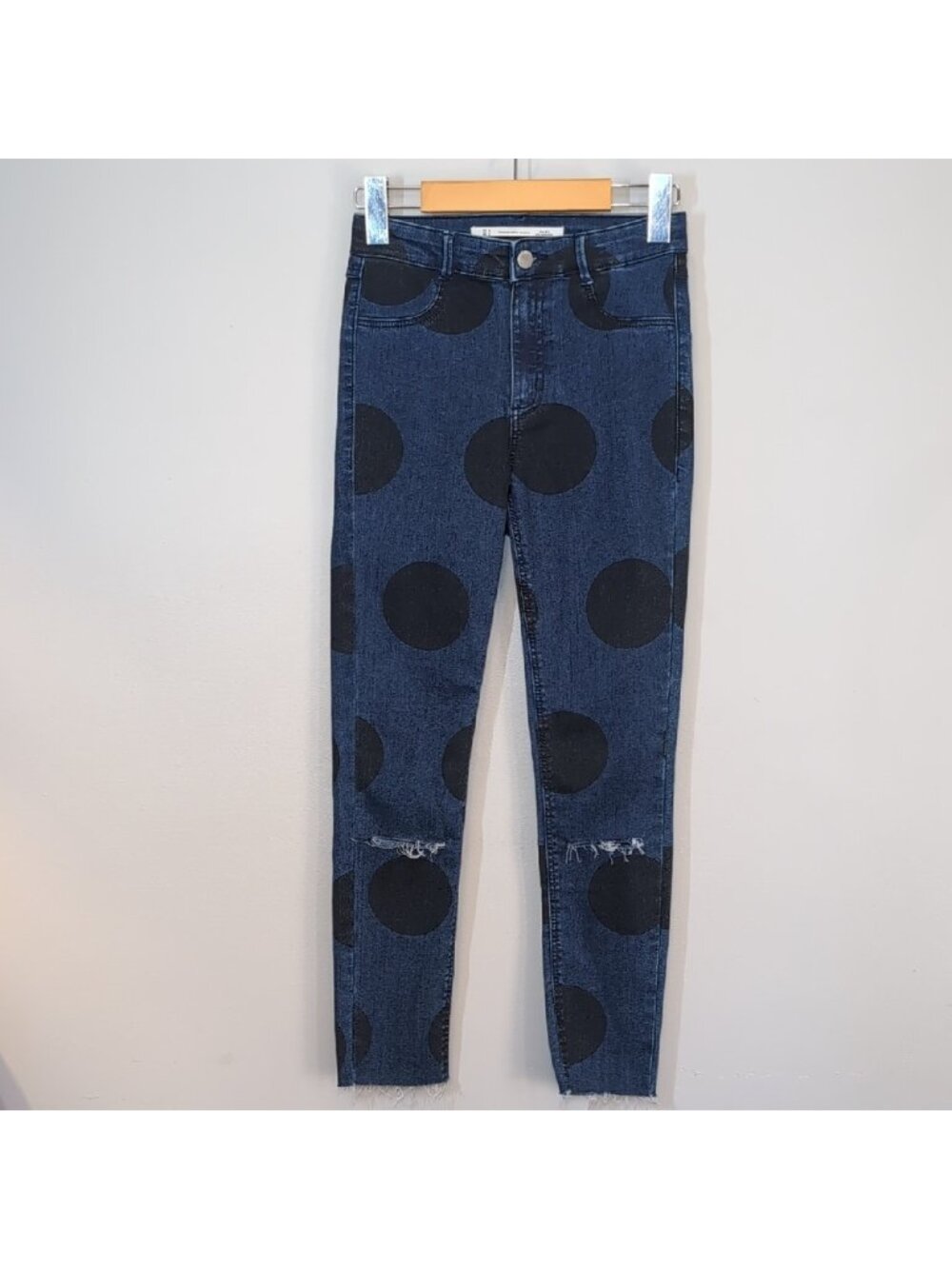 ZARA Trafaluc Denim Makers Polka Dot Skinny Jeans Cropped Blue Black Size 4 - Picture 3 of 10